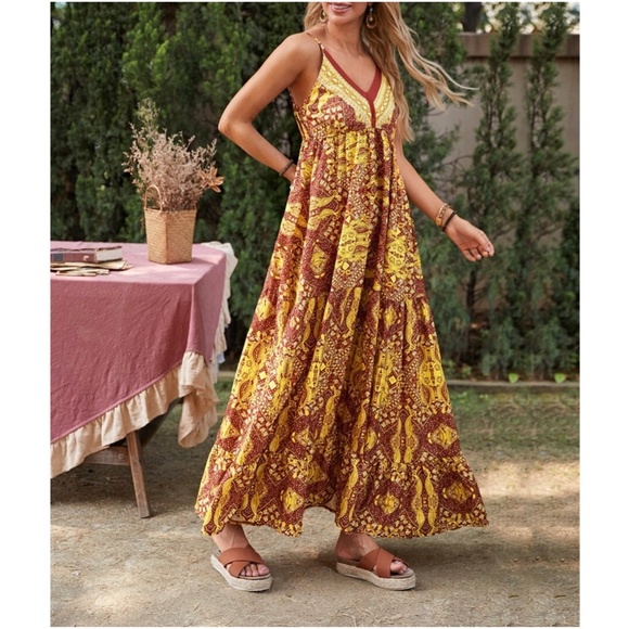 Bohemian Gypsy Army Green Ruffle Cami Maxi Dress Floral - Picture 4 of 6